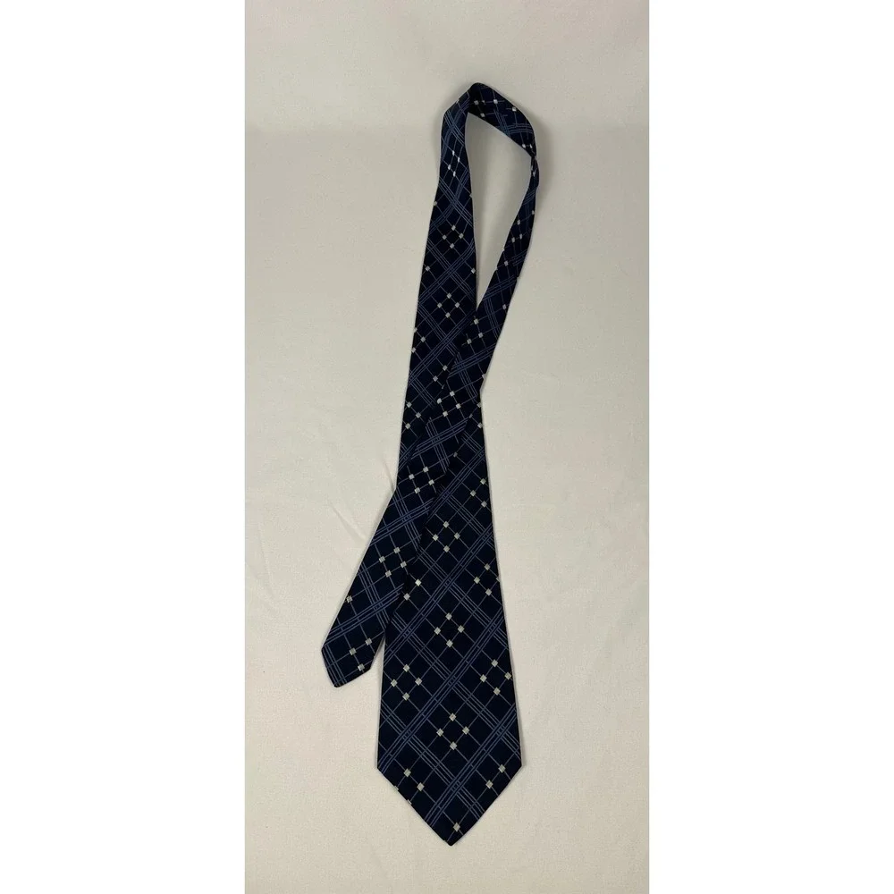Atkinsons for Harrods Silk Tie Vintage Navy Blue Plaid Jacquard Made In Ireland